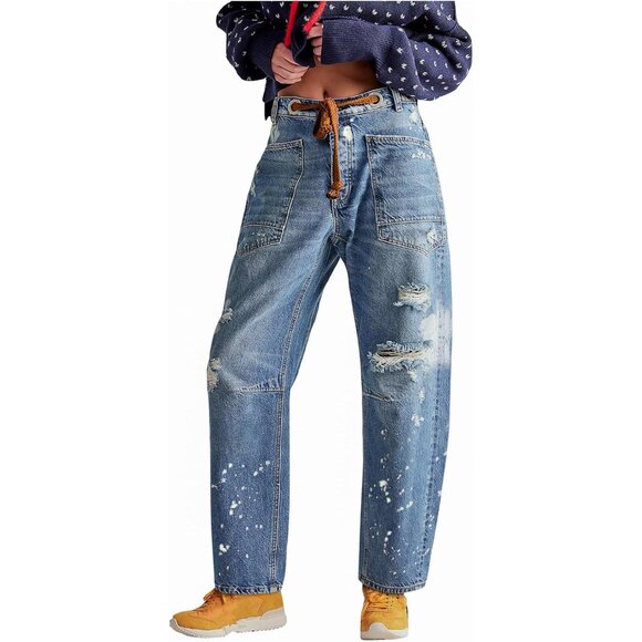 Women's Baggy Barrel Jeans Mid Rise Wide Leg Denim Casual Pants Large - Picture 1 of 4